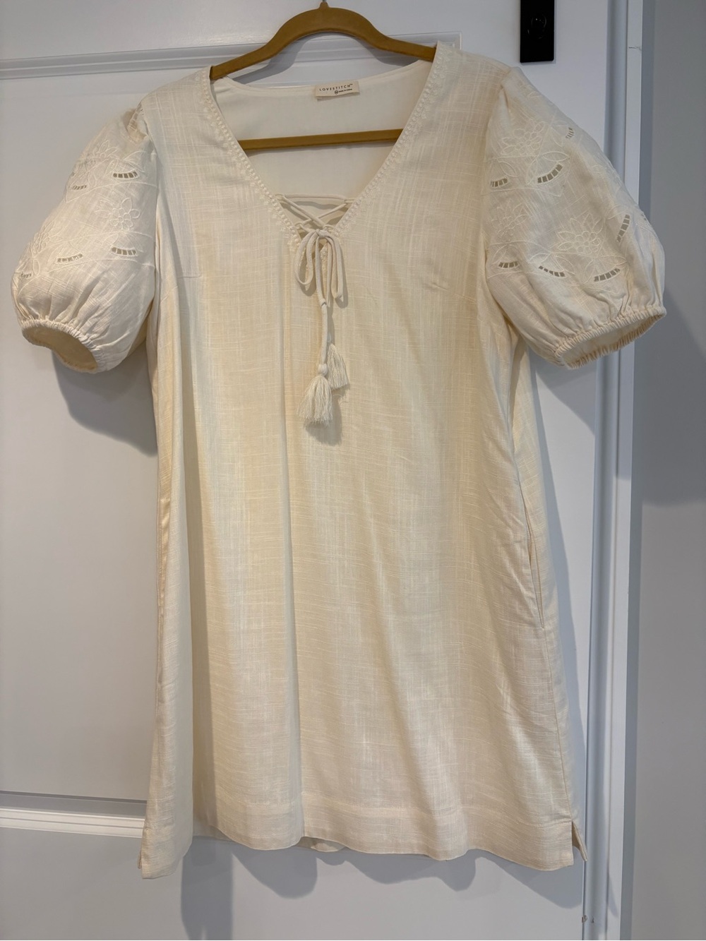 Anthropologie Cream Lace-Up Puff Sleeve Mini Dress